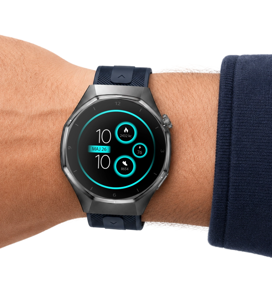 Męski smartwatch Z-Base z paskiem Navy Blue na nadgarstku, z ciemną kopertą, metalową bransoletą i nowoczesną tarczą.