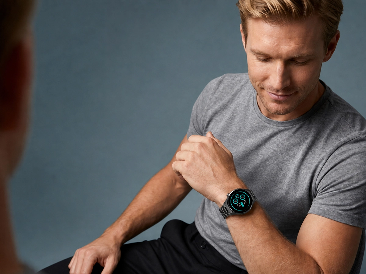 Zbliżenie na smartwatch męski Z-Base na nadgarstku mężczyzny w szarej koszulce.