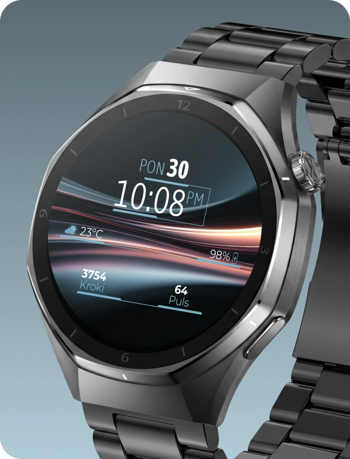 Zbliżenie na smartwatch męski Z-Base z wyraźnym ekranem AMOLED.