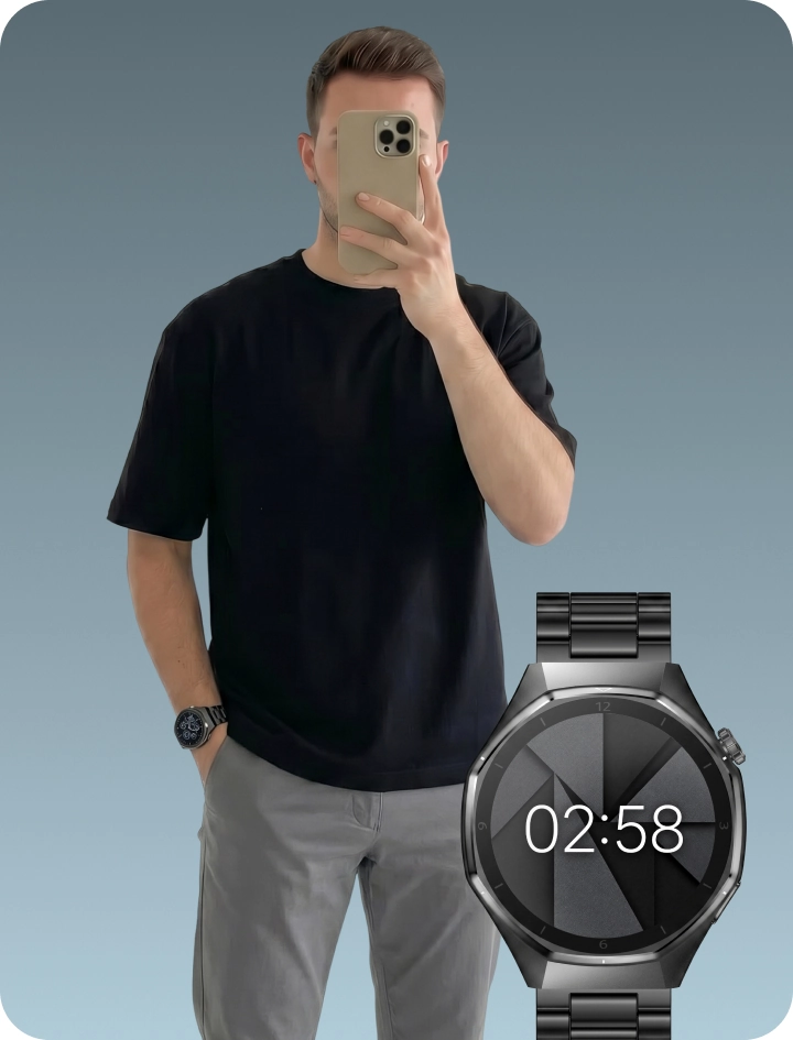 Mężczyzna robi zdjęcie smartfonem, a obok pokazano smartwatch męski Z-Base z tarczą dopasowaną do stylizacji.