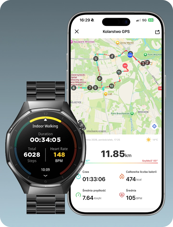Smartwatch męski Z-Base i smartfon prezentujące historię treningów oraz zapis tras GPS.