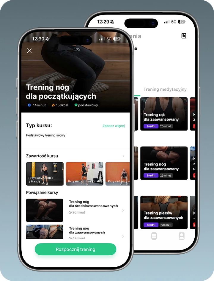 Ekrany aplikacji smartwatcha męskiego Z-Base prezentujące programy treningowe.