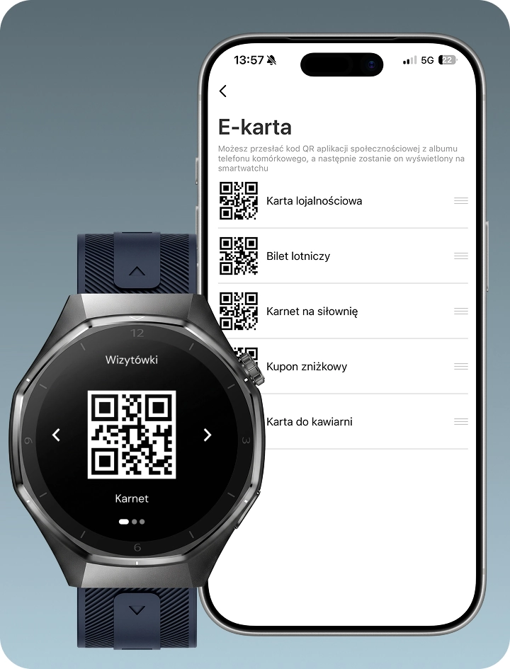 Smartwatch męski Z-Base i smartfon prezentujące funkcję kart QR w zegarku.
