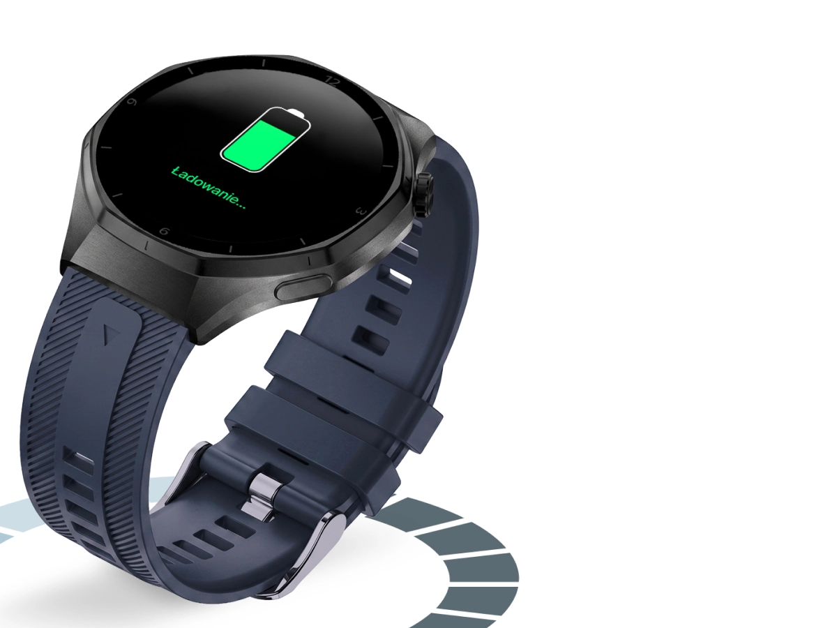 Smartwatch męski Z-Base z czarnym paskiem silikonowym, prezentujący wytrzymałą baterię oraz ekran z ikoną ładowania.