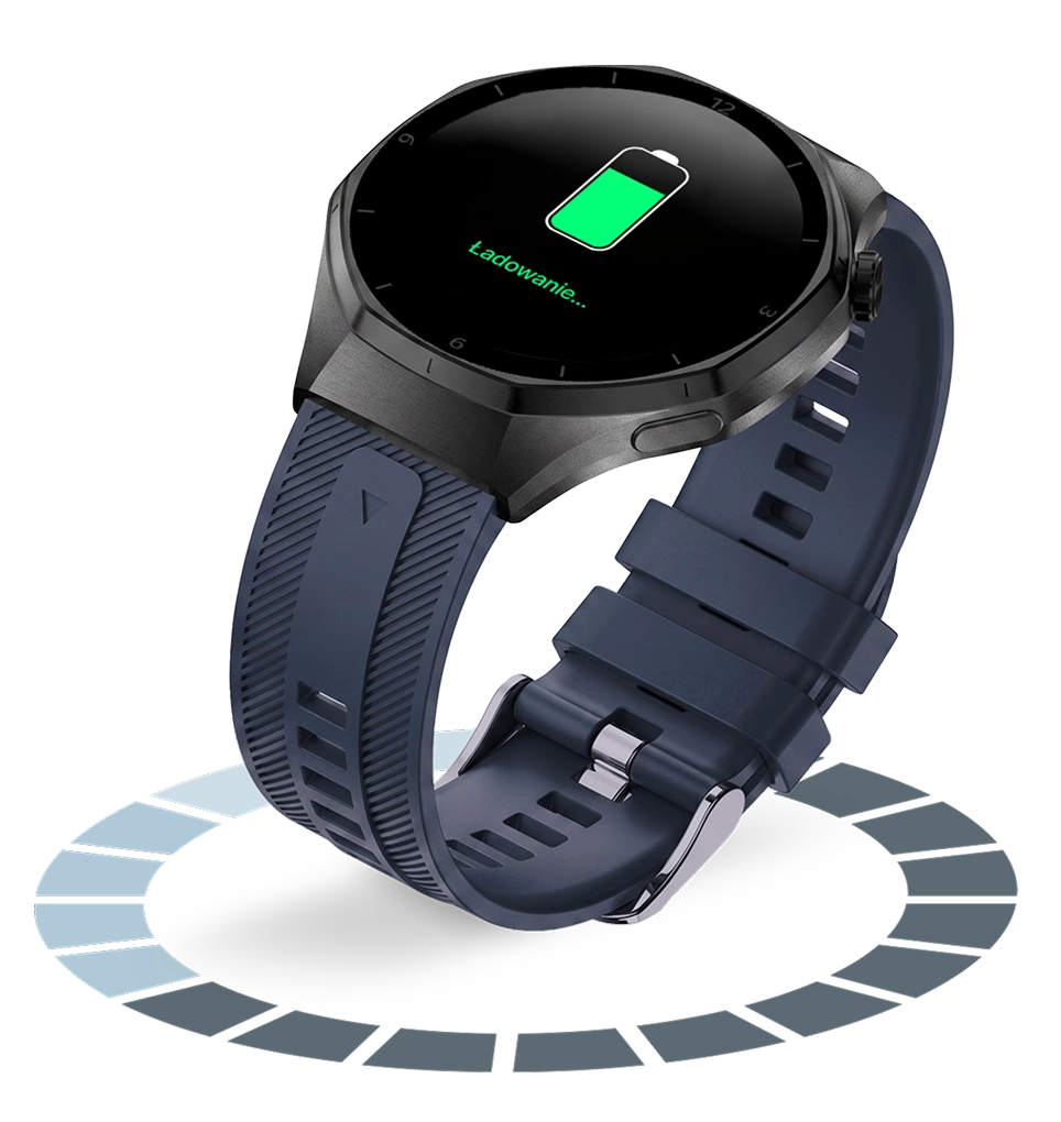 Smartwatch męski Z-Base z czarnym paskiem silikonowym, prezentujący wytrzymałą baterię oraz ekran z ikoną ładowania.