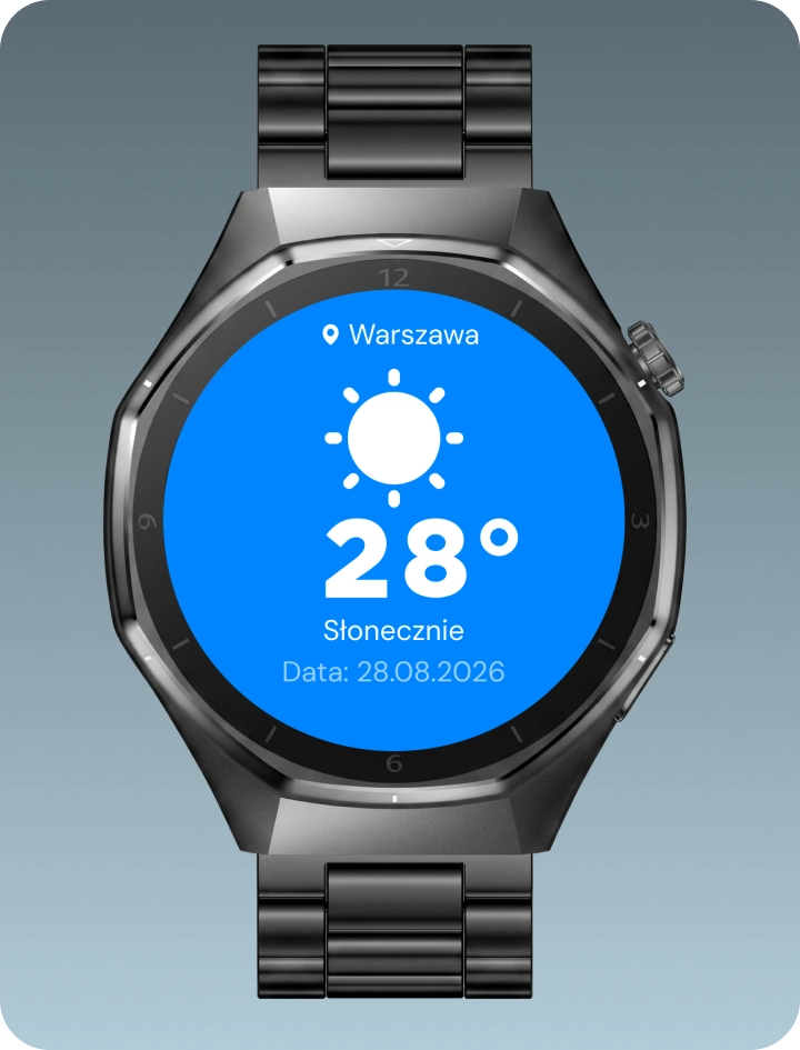 Smartwatch męski Z-Base prezentujący prognozę pogody na ekranie zegarka.