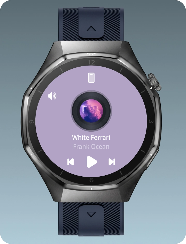 Smartwatch męski Z-Base prezentujący sterowanie muzyką w telefonie.