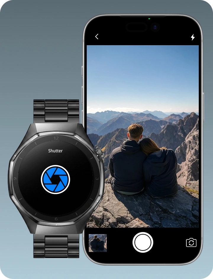 Smartwatch męski Z-Base i smartfon prezentujące funkcję zdalnej migawki aparatu.