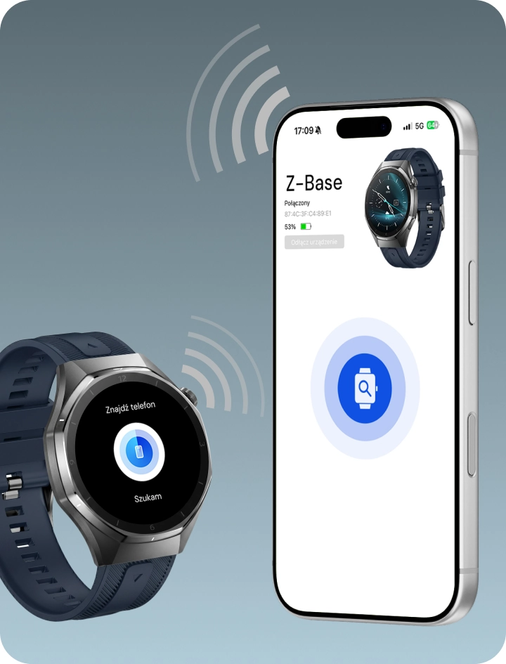 Smartwatch męski Z-Base i smartfon prezentujące funkcję znajdź telefon lub znajdź zegarek.