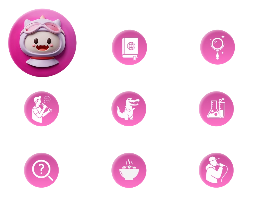Grafika prezentująca wybrane aplikacje AI w smartwatchu dziecięcym Besti, pokazane jako kolorowe ikonki funkcji edukacyjnych.
