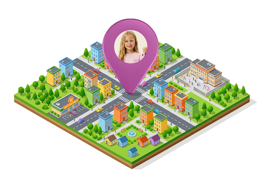 Grafika GPS i geofencing w smartwatchu dziecięcym Besti, pokazująca lokalizację dziecka na mapie.