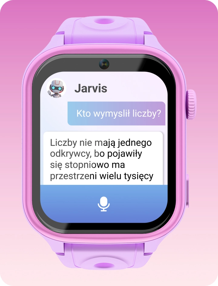 Smartwatch dziecięcy Besti prezentujący aplikację AI Jarvis na ekranie zegarka.
