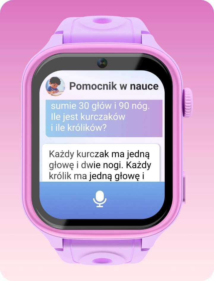 Smartwatch dziecięcy Besti prezentujący aplikację AI Pomocnik w nauce.