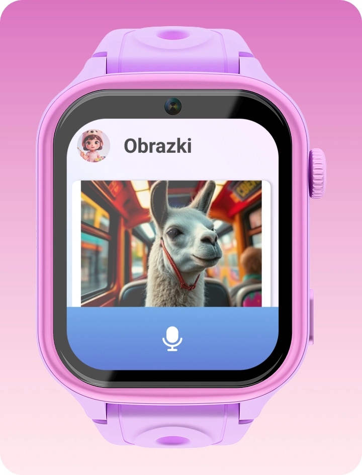 Smartwatch dziecięcy Besti prezentujący aplikację AI do kreatywnej zabawy z generowaniem obrazków.