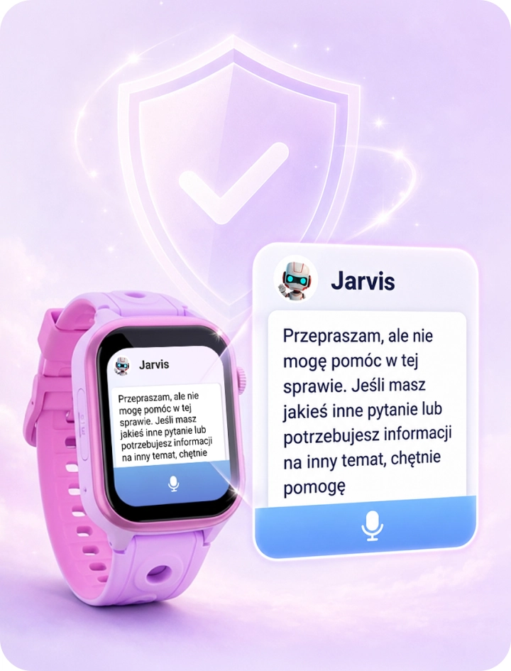 Smartwatch dziecięcy Besti prezentujący filtr szkodliwych treści w aplikacji AI Jarvis.