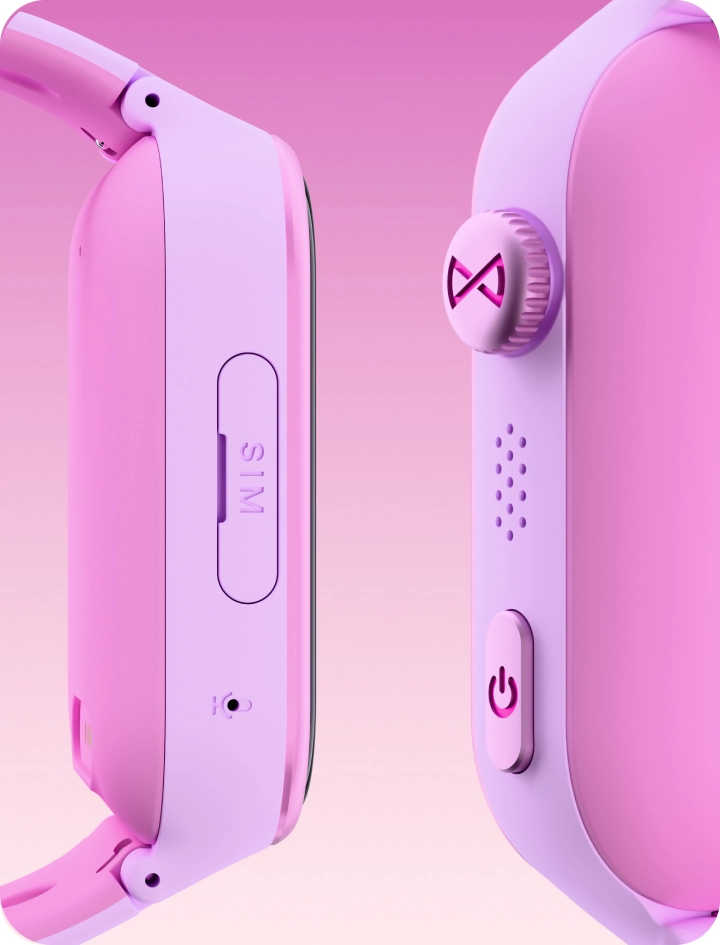 Różowy smartwatch dziecięcy Besti pokazany z boku, prezentujący matowe, aksamitne wykończenie obudowy.