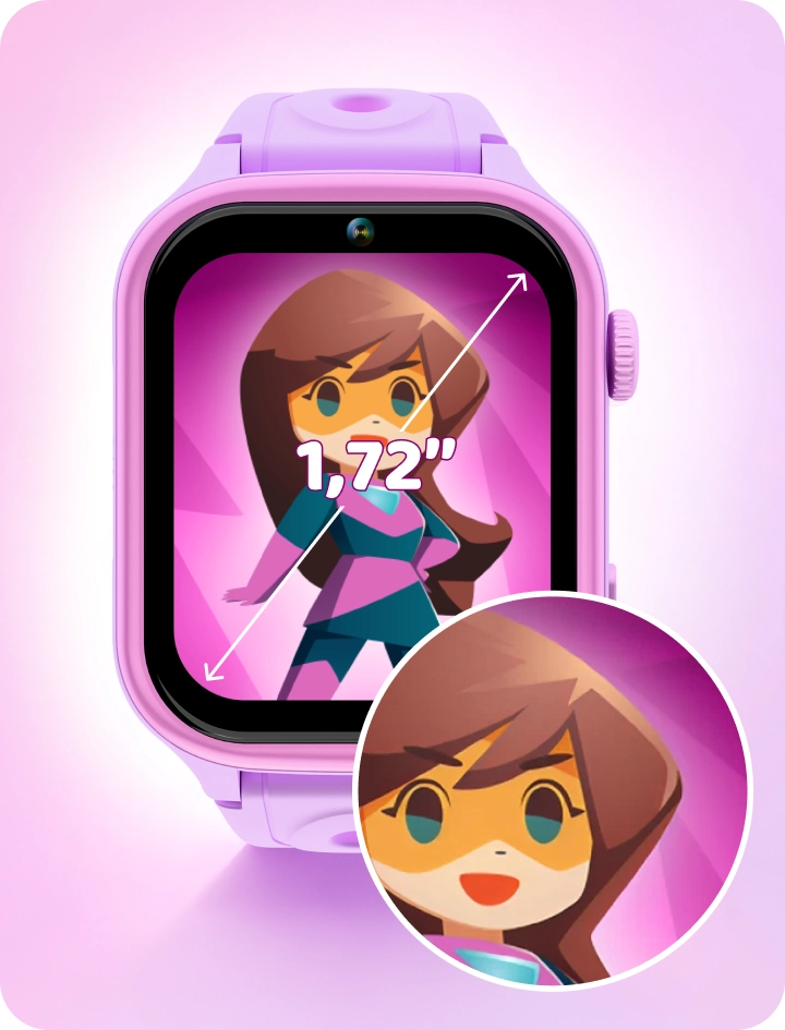 Smartwatch dziecięcy Besti z dużym ekranem IPS 1,72 cala, prezentujący kolorową tarczę zegarka i czytelny obraz.