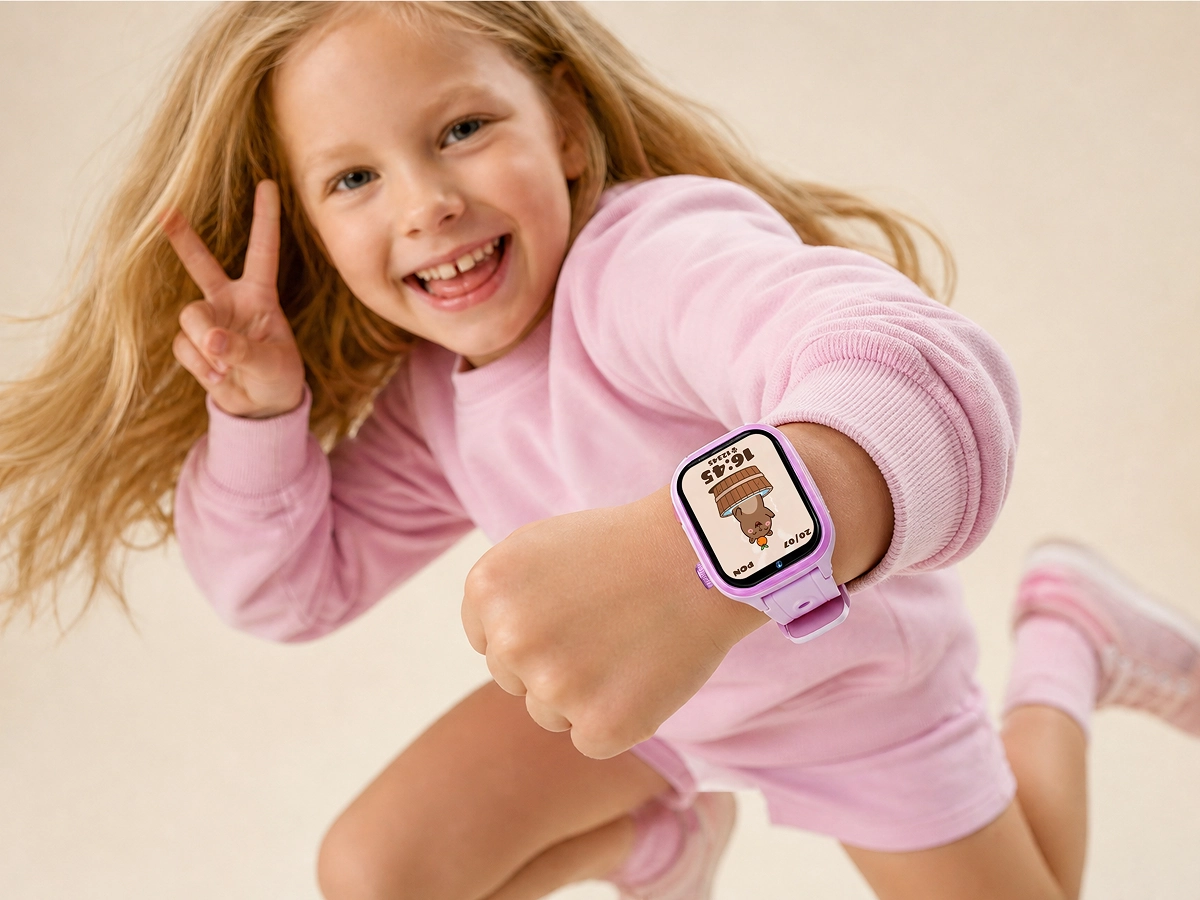 Podskakująca dziewczynka w różowej bluzie pokazuje smartwatch dziecięcy Besti z różowym paskiem i kolorową tarczą.