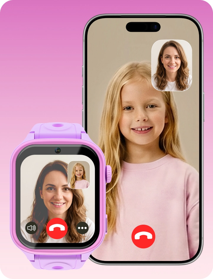 Różowy smartwatch dziecięcy Besti obok smartfona, prezentujący rozmowę wideo dziecka z rodzicem.