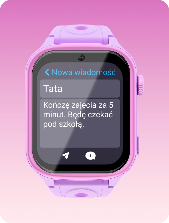Różowy smartwatch dziecięcy Besti z ekranem nowej wiadomości.