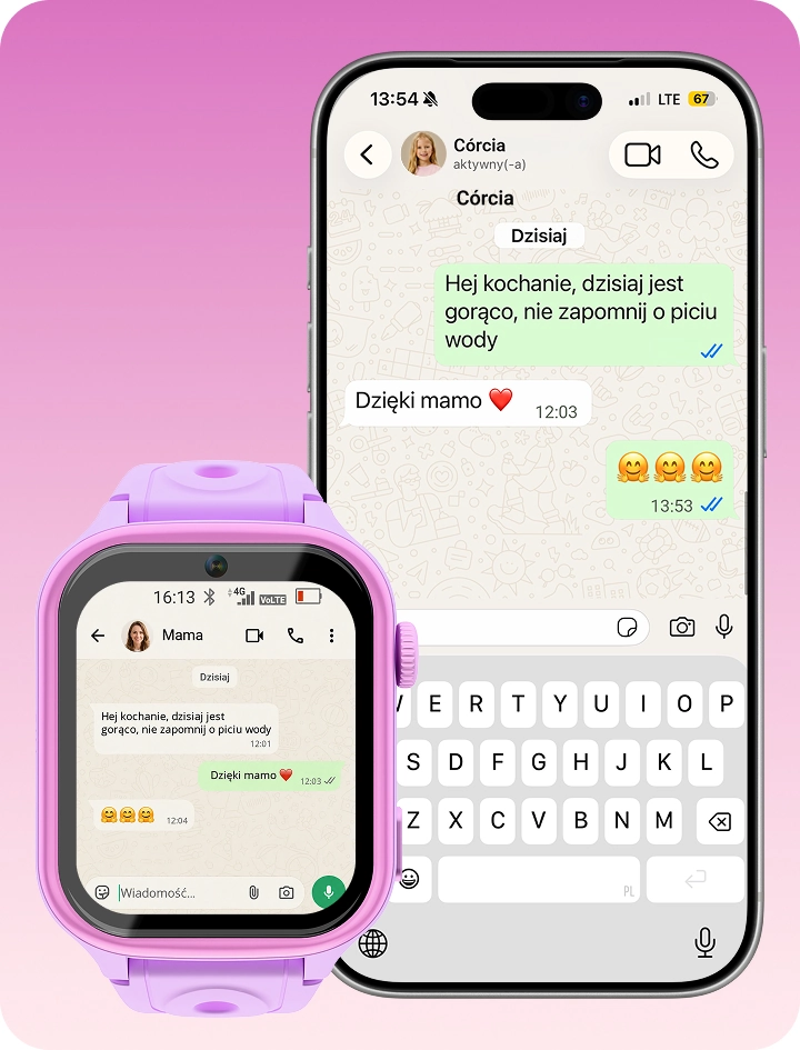 Różowy smartwatch dziecięcy Besti obok smartfona, pokazujący rozmowę w aplikacji WhatsApp.