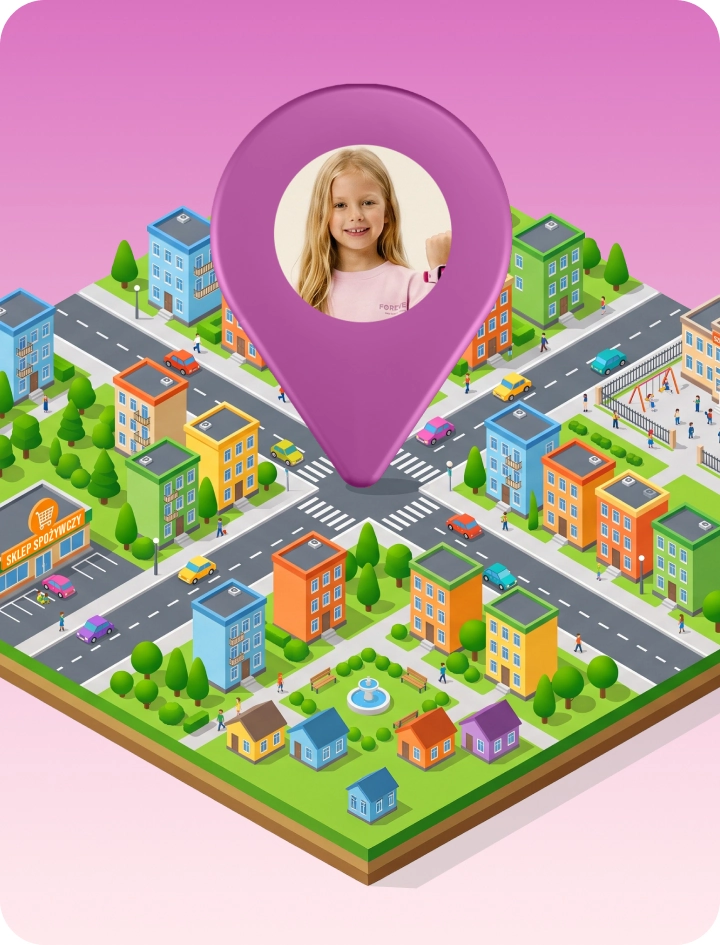 Grafika prezentująca lokalizację GPS, która pozwala opiekunowi sprawdzić położenie dziecka ze smartwatchem Besti z poziomu aplikacji.