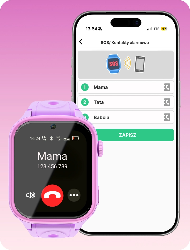 Smartwatch dziecięcy Besti i smartfon prezentujące funkcję przycisku SOS.