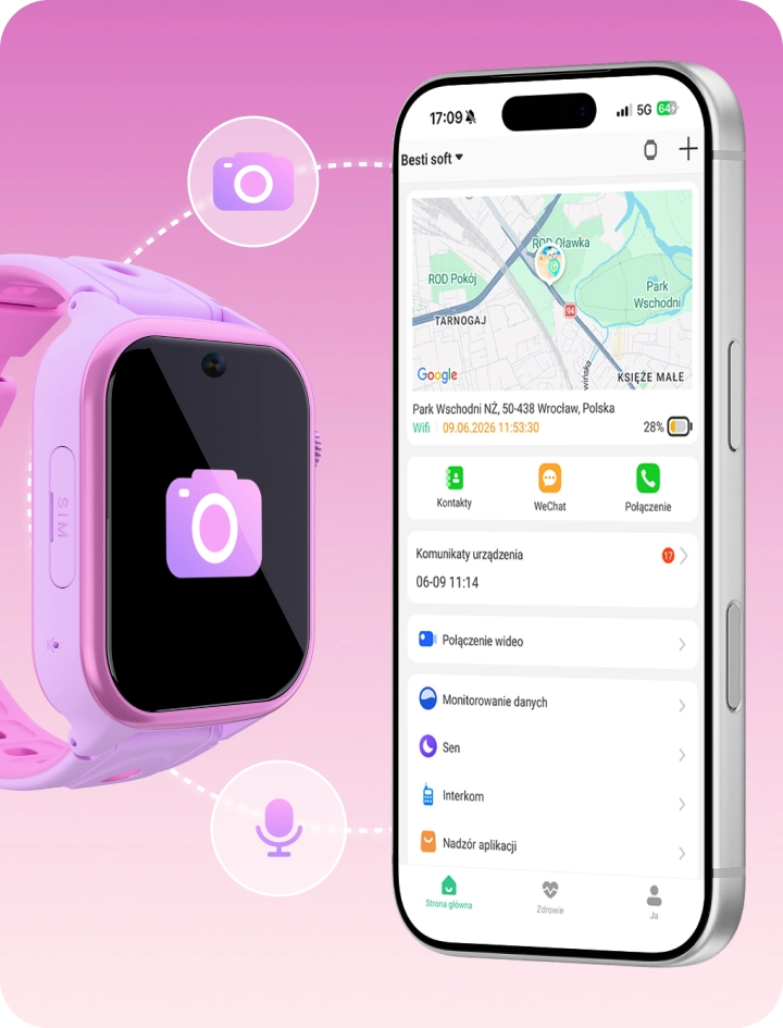 Smartwatch dziecięcy Besti i smartfon prezentujące funkcję zdalnego sprawdzenia sytuacji.