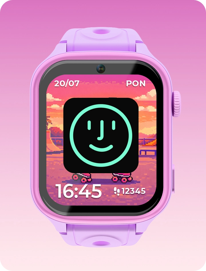 Różowy smartwatch dziecięcy Besti z ekranem Face Unlock, prezentujący funkcję odblokowywania zegarka twarzą.