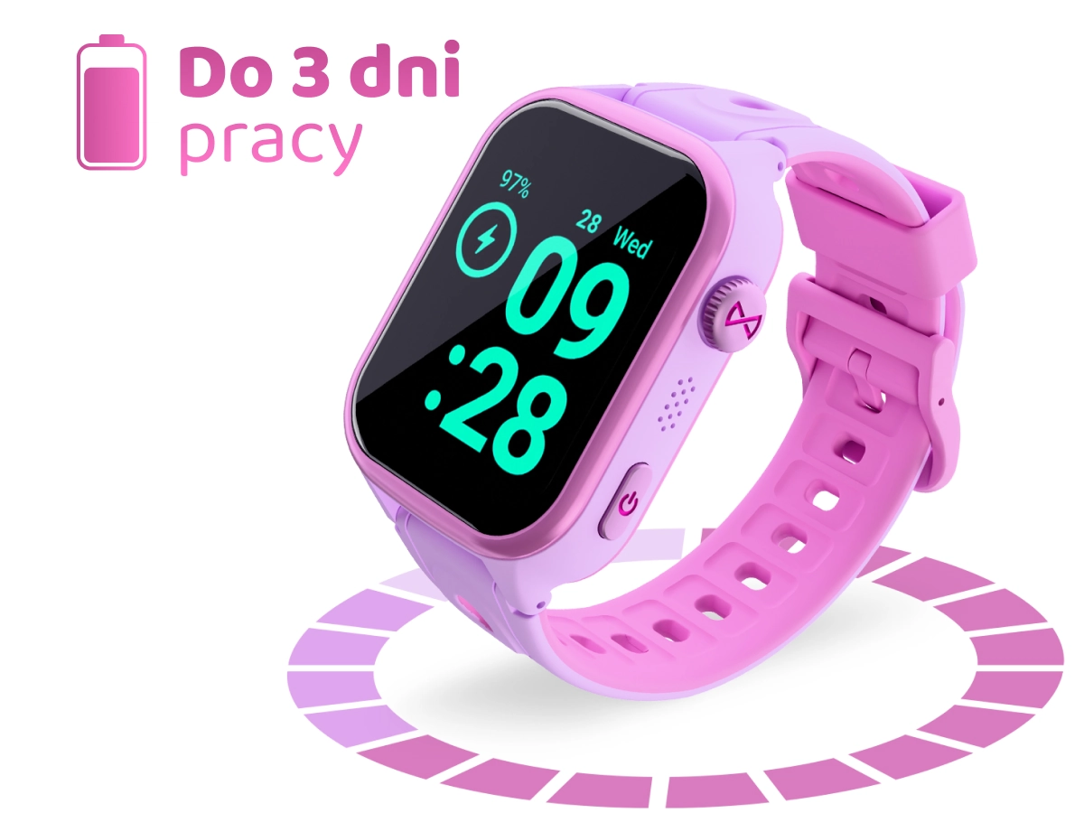 Różowy smartwatch dziecięcy Besti z ekranem pokazującym poziom baterii, prezentujący czas pracy do 3 dni.