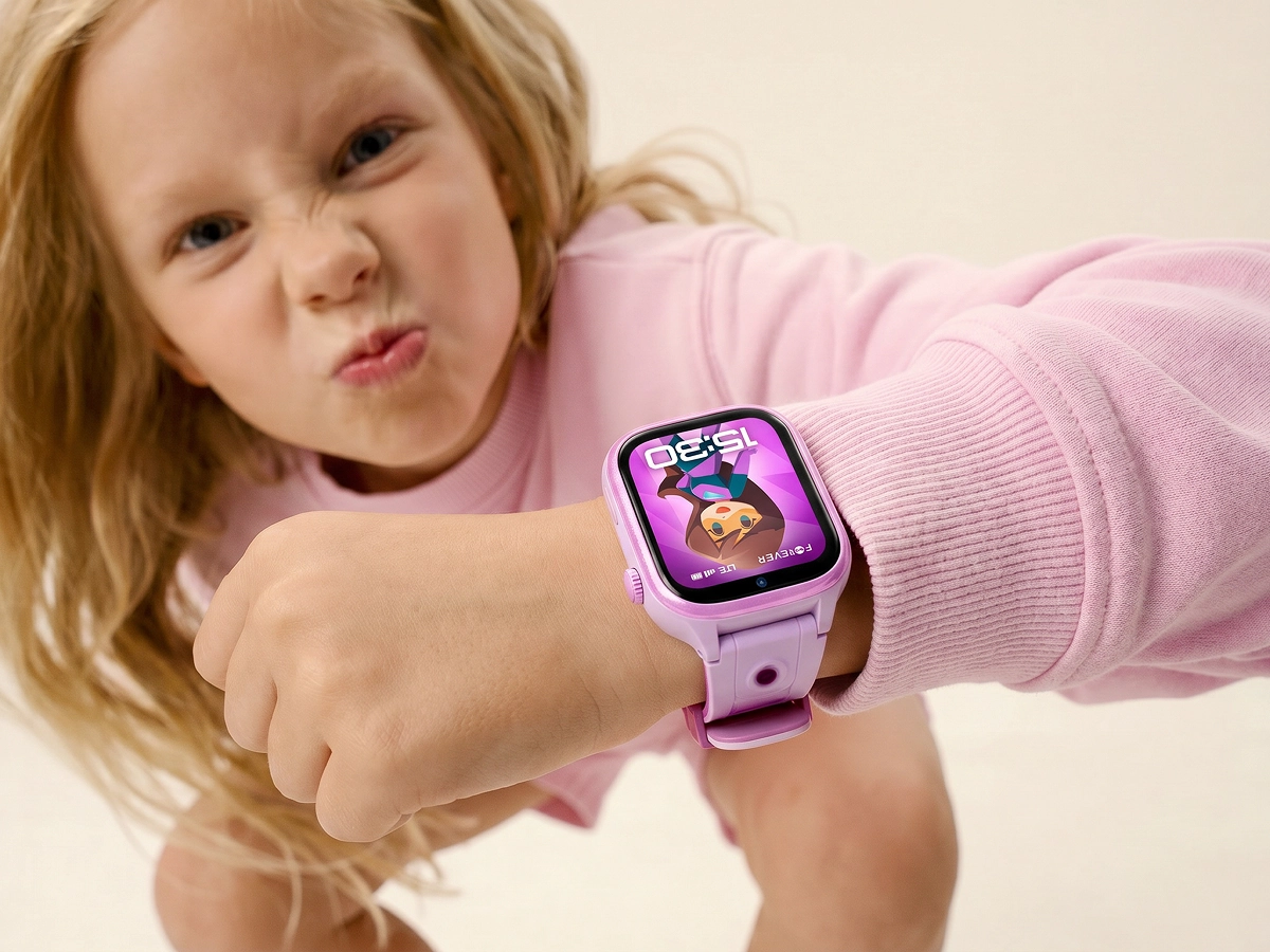 Dziewczynka w dynamicznej, dziecięcej pozie pokazuje różowy smartwatch dziecięcy Besti z kolorową tarczą na nadgarstku.