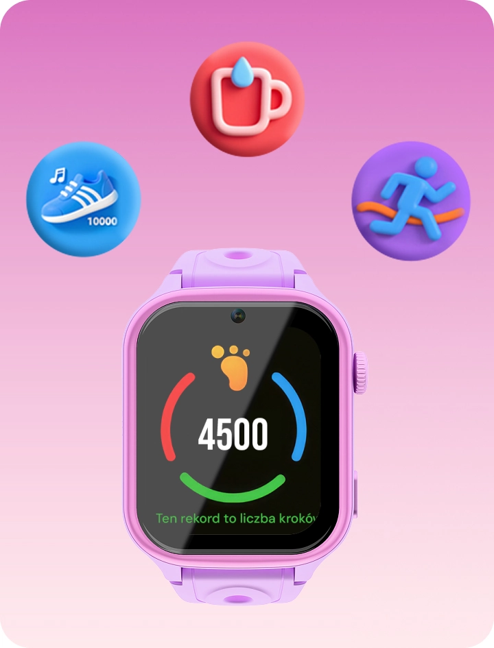 Smartwatch dziecięcy Besti z ikonami aktywności, kroków, picia wody i ruchu.