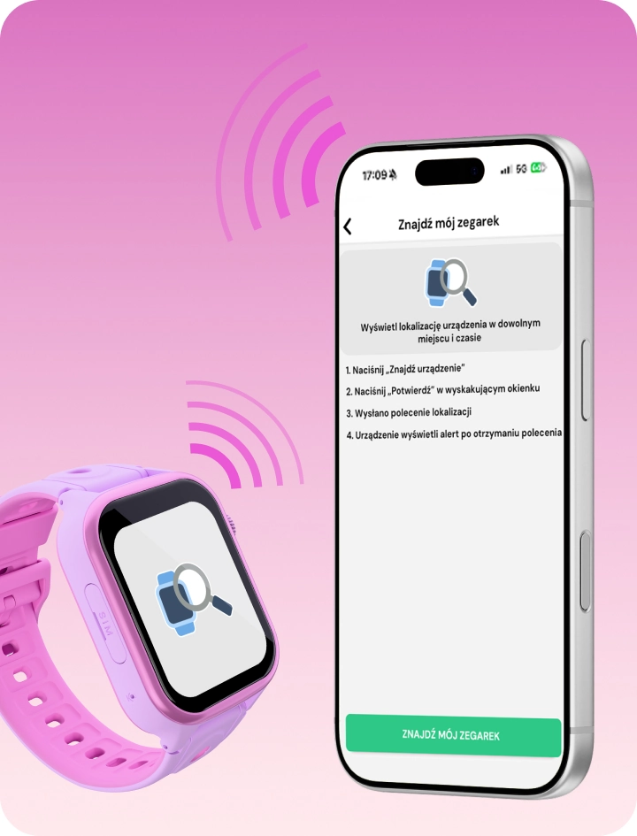 Smartwatch dziecięcy Besti i smartfon prezentujące funkcję odnajdywania zegarka.