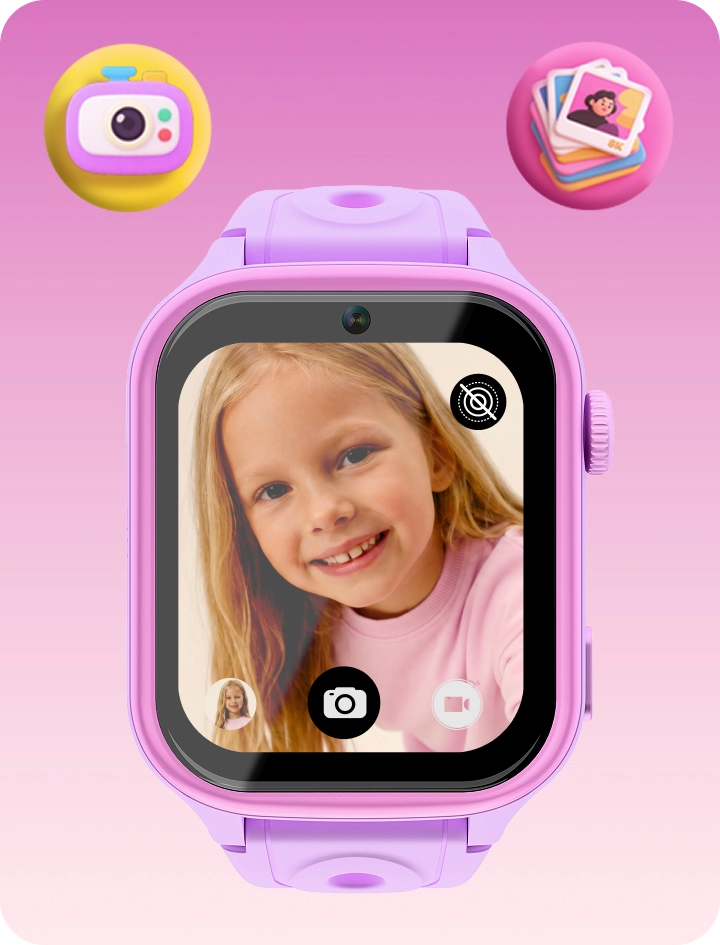 Różowy smartwatch Besti z ekranem aparatu, prezentujący funkcję robienia zdjęć, nagrywania krótkich filmów i wysyłania ich do rodzica.