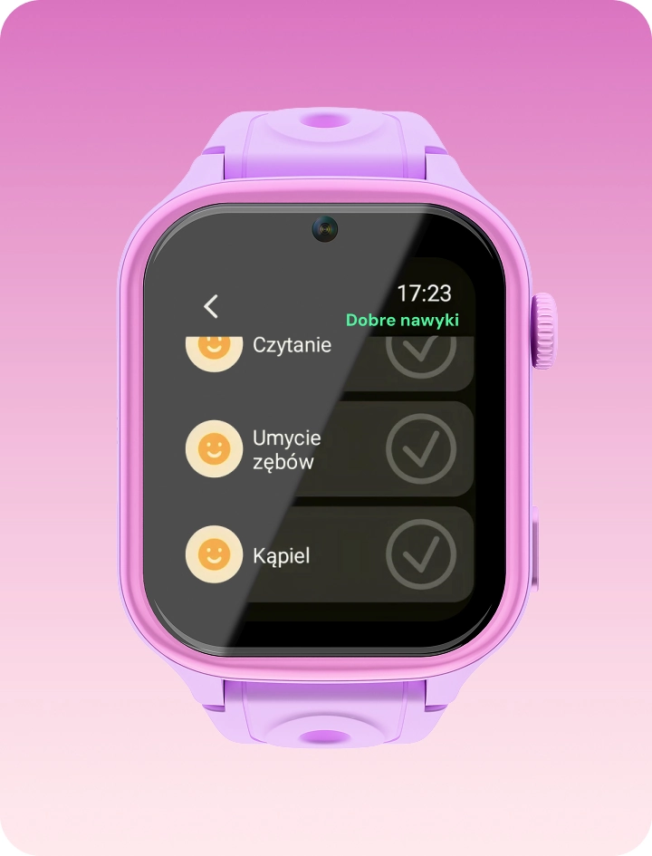 Różowy smartwatch dziecięcy Besti z listą codziennych zadań, prezentujący funkcję dobrych nawyków.