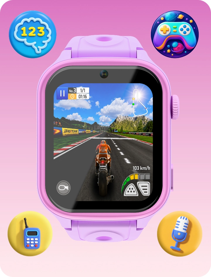 Różowy smartwatch dziecięcy Besti z ekranem gry oraz ikonami zabaw: gry logiczne, ruchowe i edukacyjne funkcje dla dzieci.