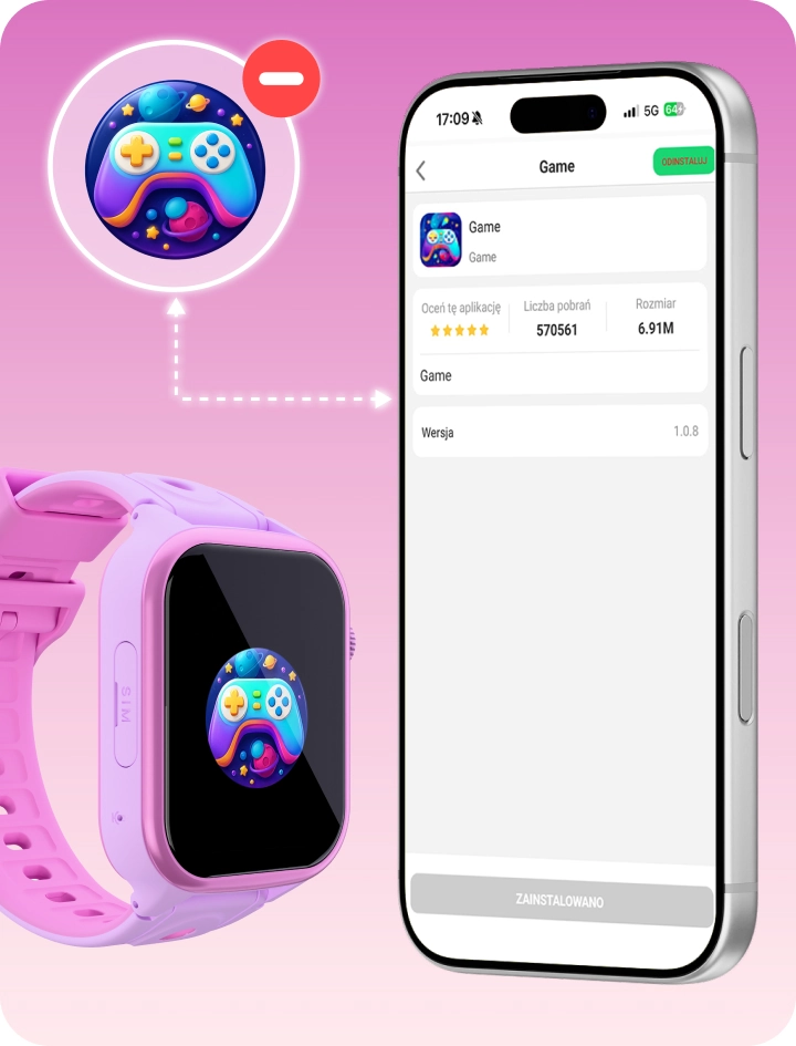 Smartwatch dziecięcy Besti obok smartfona z aplikacją rodzica, prezentujący funkcję kontroli rodzicielskiej do zarządzania aplikacjami.