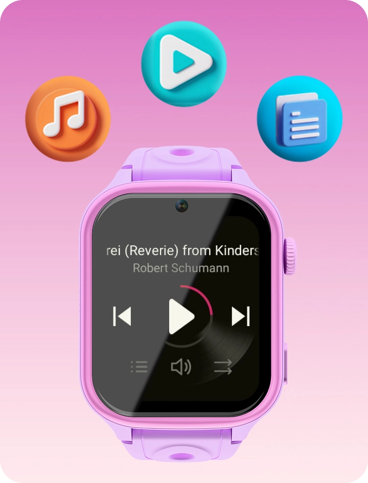 Różowy smartwatch dziecięcy Besti z ekranem odtwarzacza muzyki oraz ikonami multimediów.