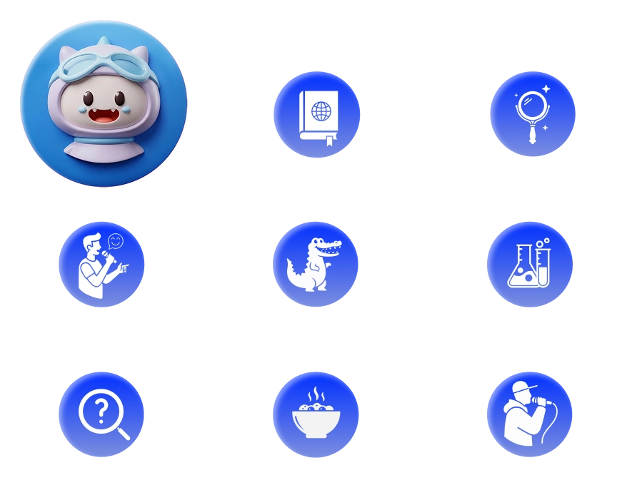 Grafika prezentująca wybrane aplikacje AI w smartwatchu dziecięcym Bro, pokazane jako kolorowe ikonki funkcji edukacyjnych.