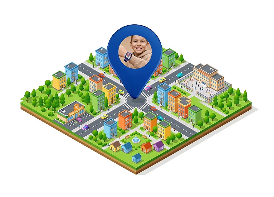 Grafika GPS i geofencing w smartwatchu dziecięcym Bro, pokazująca lokalizację dziecka na mapie.