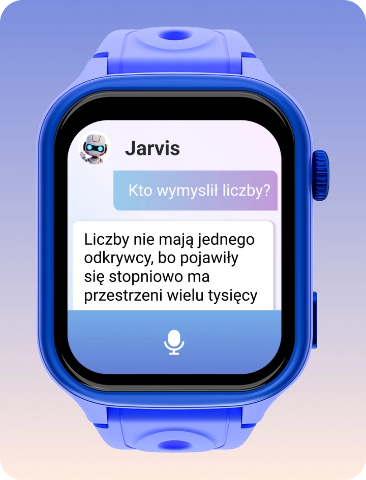 Smartwatch dziecięcy Bro prezentujący aplikację AI Jarvis na ekranie zegarka.