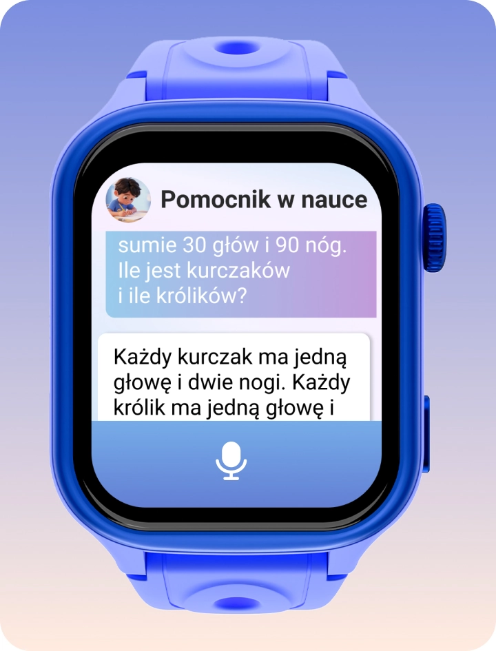 Smartwatch dziecięcy Bro prezentujący aplikację AI Pomocnik w nauce.