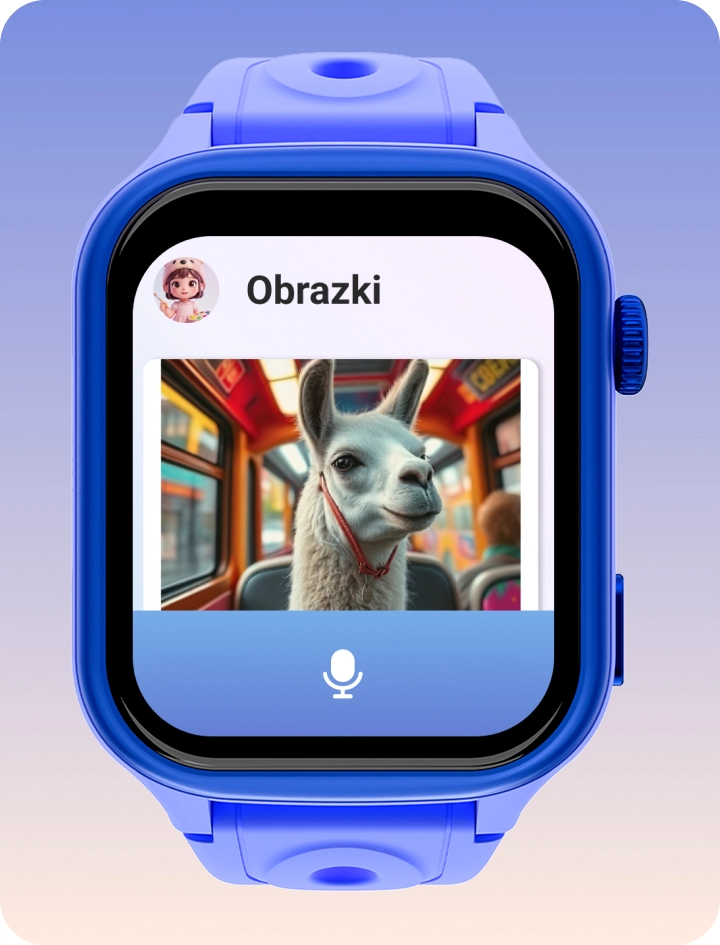 Smartwatch dziecięcy Bro prezentujący aplikację AI do kreatywnej zabawy z generowaniem obrazków.