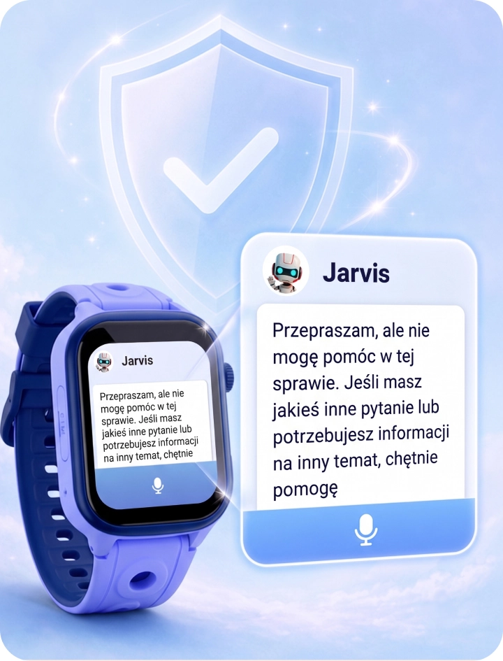 Smartwatch dziecięcy Bro prezentujący filtr szkodliwych treści w aplikacji AI Jarvis.