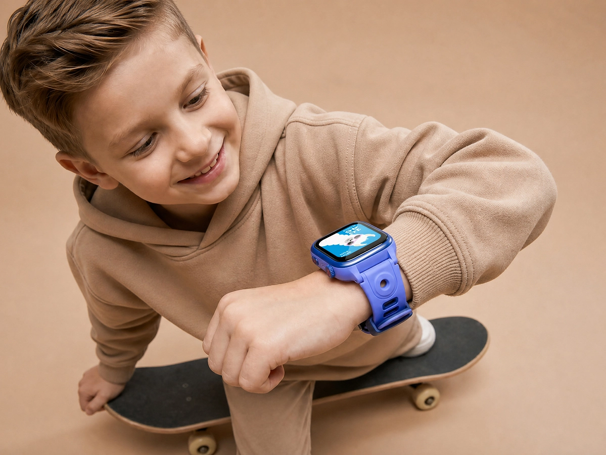 Uśmiechnięty chłopiec stoi na deskorolce i patrzy na niebieski smartwatch dziecięcy Bro.