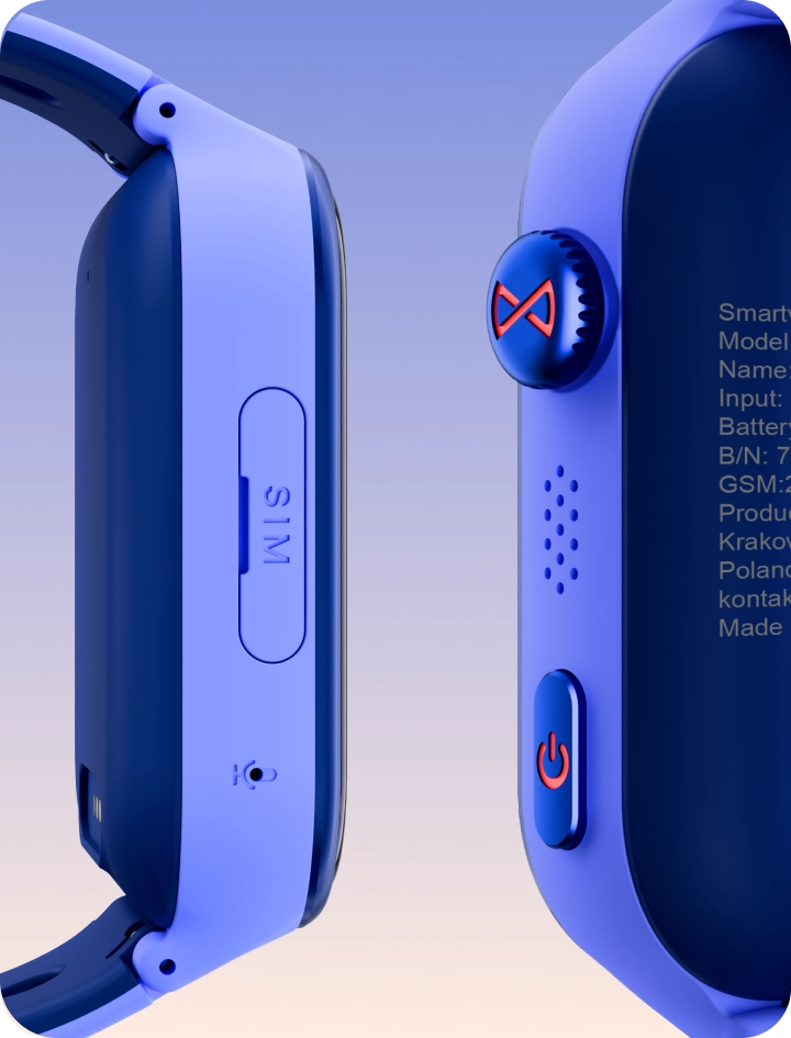 Niebieski smartwatch dziecięcy Bro pokazany z boku, prezentujący matowe, aksamitne wykończenie obudowy.