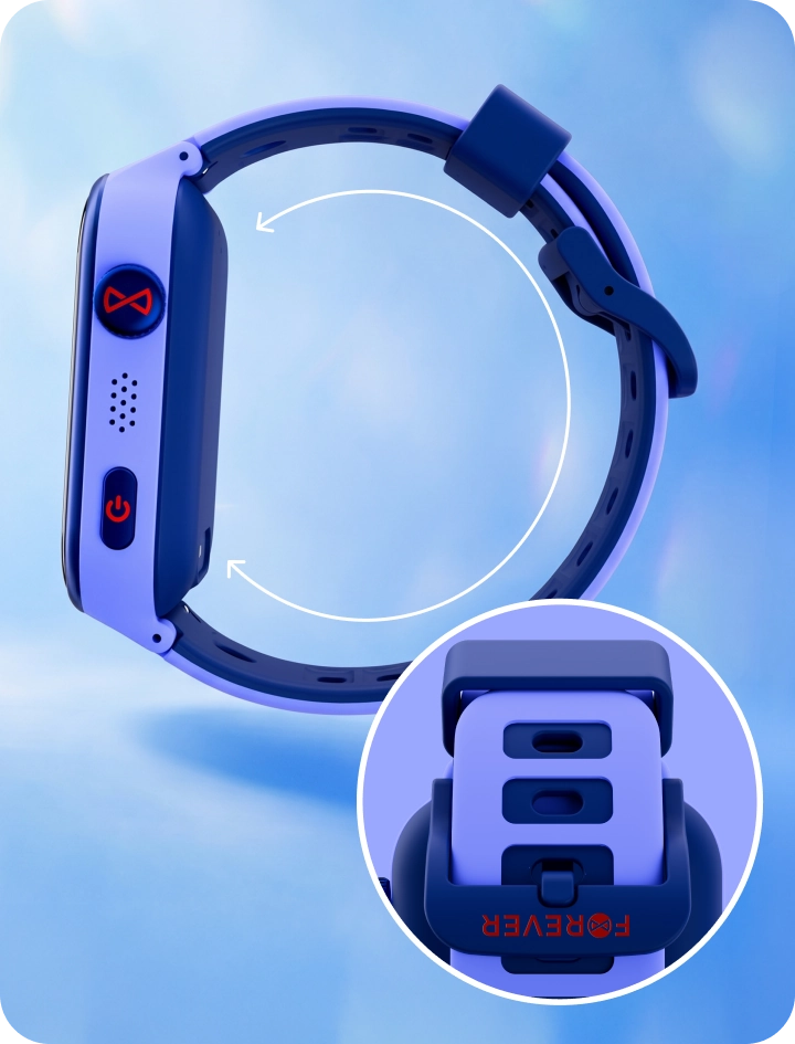 Smartwatch dziecięcy Bro z regulowanym paskiem kid-friendly, prezentujący elastyczną konstrukcję i wygodne zapięcie.