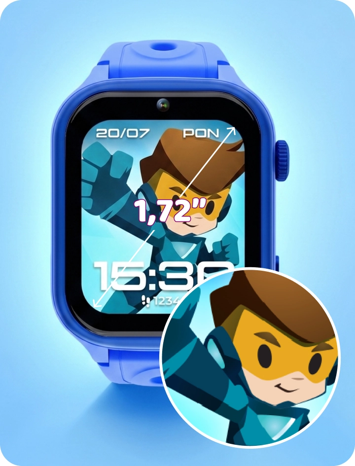 Smartwatch dziecięcy Bro z dużym ekranem IPS 1,72 cala, prezentujący kolorową tarczę zegarka i czytelny obraz.