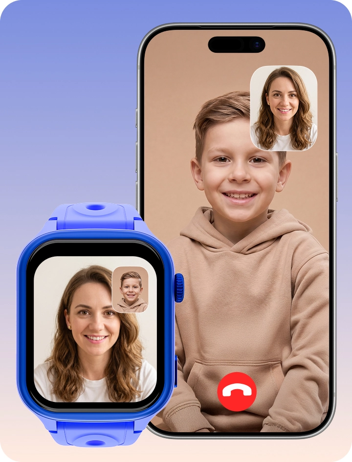 Niebieski smartwatch dziecięcy Bro obok smartfona, prezentujący rozmowę wideo dziecka z rodzicem.