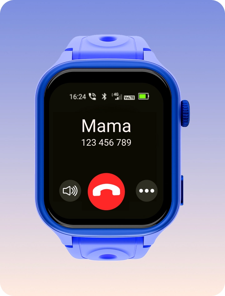 Smartwatch dziecięcy Bro z ekranem połączenia, prezentujący możliwość wykonywania i odbierania rozmów telefonicznych.